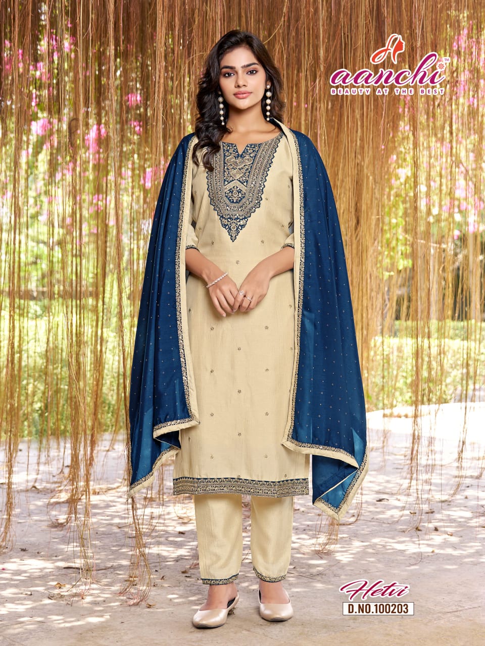 Hetvi Aanchi Vichitra Silk Readymade Pant Style Suits Wholesaler Ahmedabad