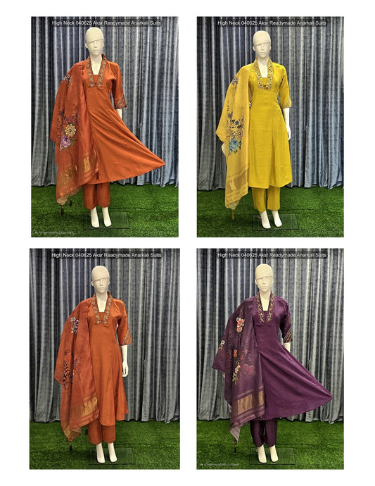 High Neck 040625 Aksr Roman Silk Readymade Anarkali Suits Manufacturer