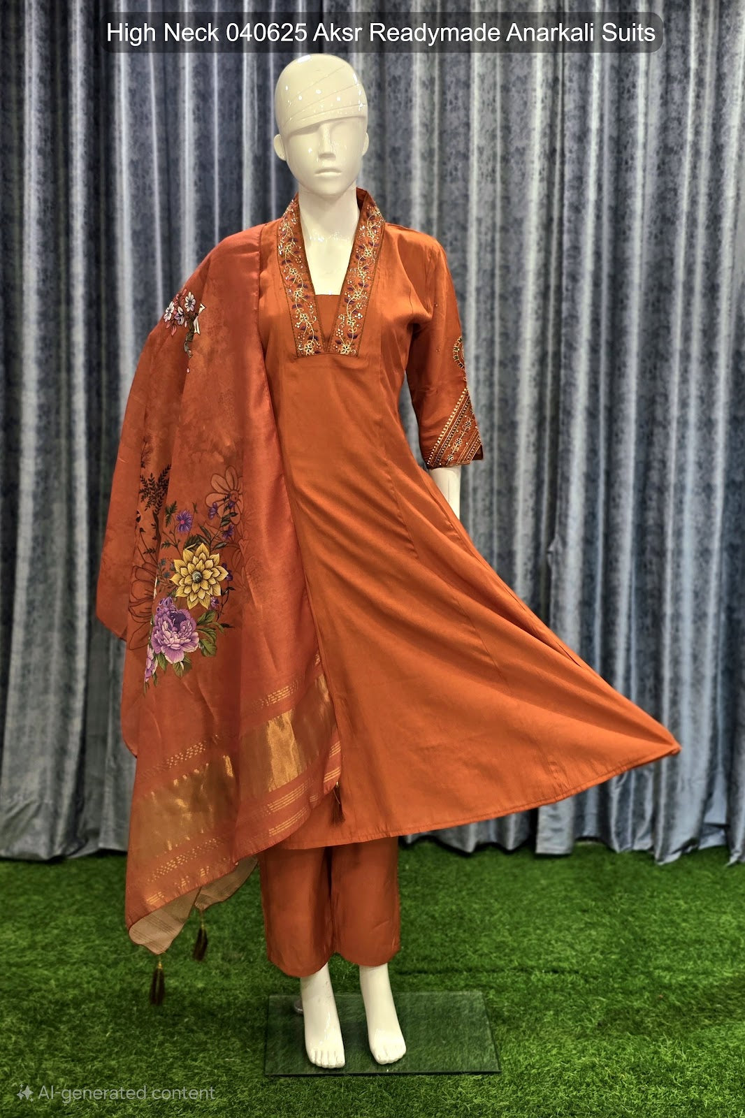 High Neck 040625 Aksr Roman Silk Readymade Anarkali Suits Manufacturer