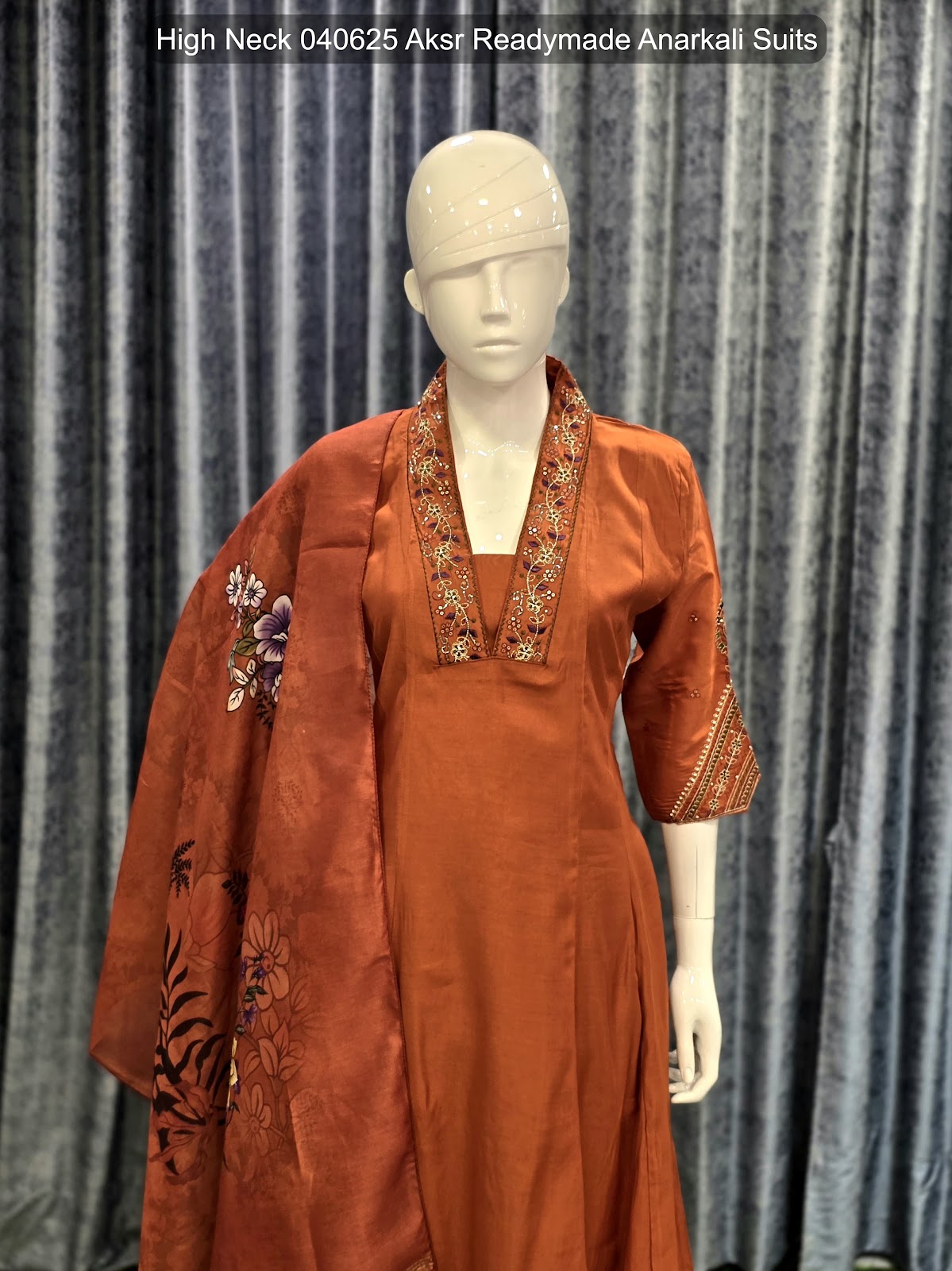 High Neck 040625 Aksr Roman Silk Readymade Anarkali Suits Manufacturer