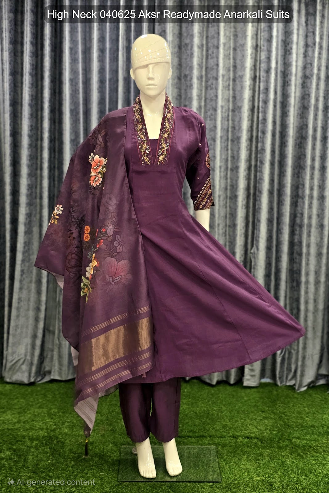 High Neck 040625 Aksr Roman Silk Readymade Anarkali Suits Manufacturer