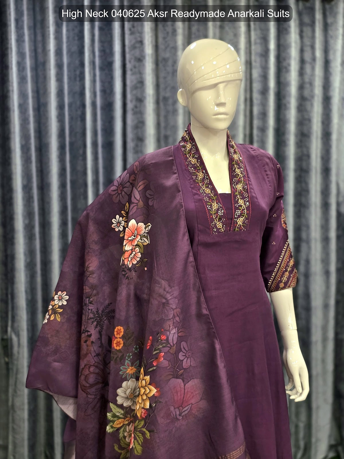 High Neck 040625 Aksr Roman Silk Readymade Anarkali Suits Manufacturer