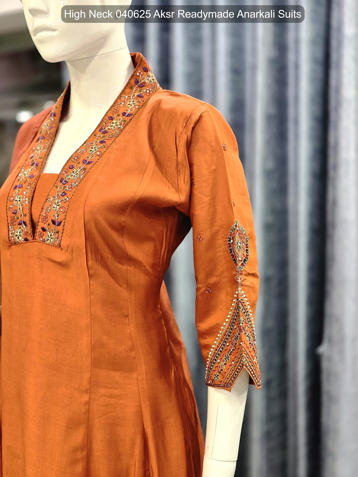 High Neck 040625 Aksr Roman Silk Readymade Anarkali Suits Manufacturer