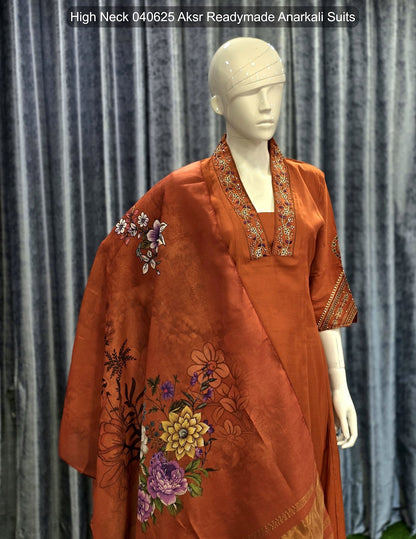High Neck 040625 Aksr Roman Silk Readymade Anarkali Suits Manufacturer