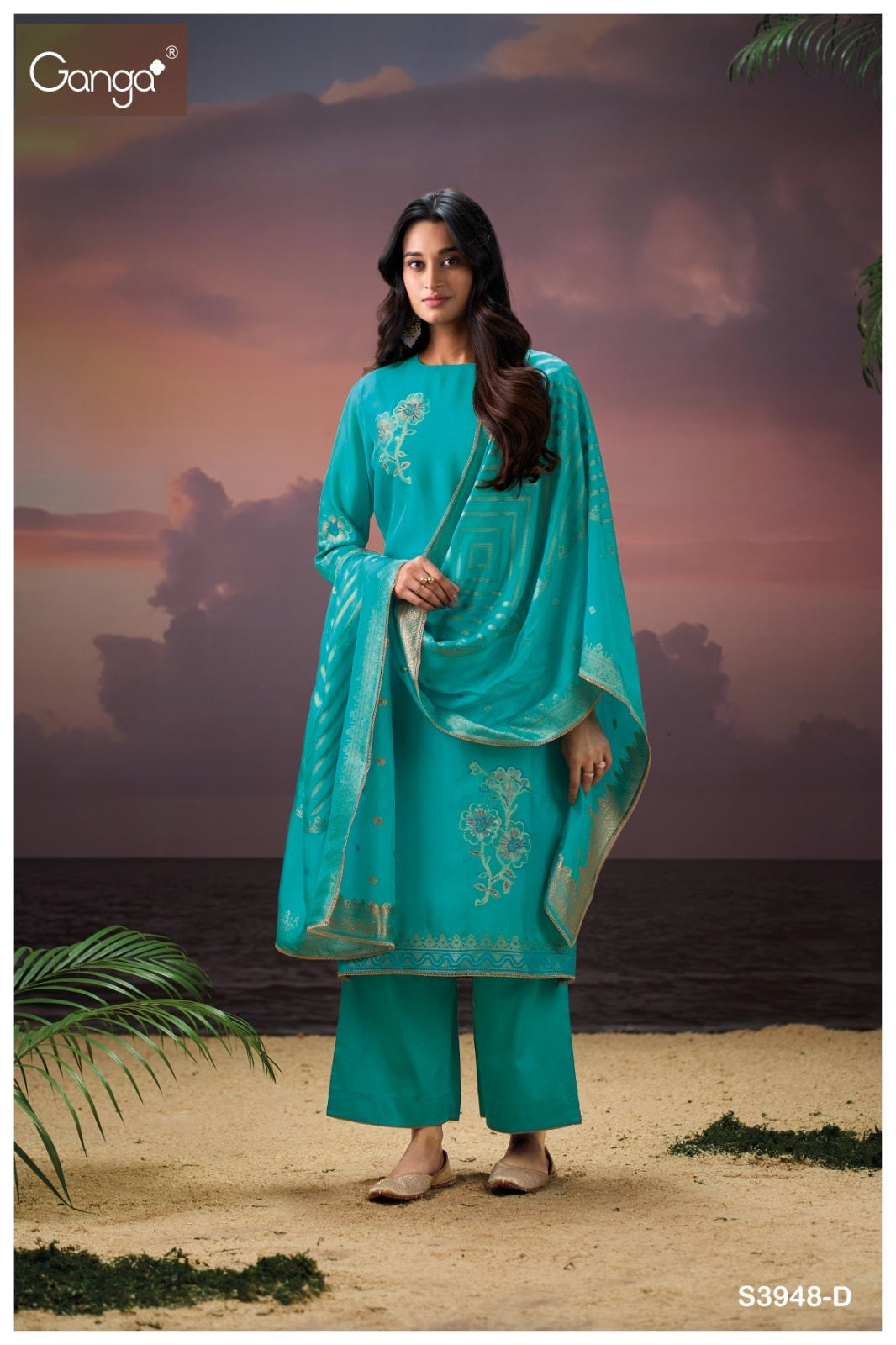 Himangi 3948 Ganga Silk Jacquard Plazzo Style Suits Exporter Ahmedabad