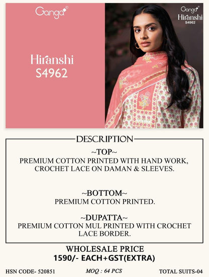 Hiranshi 4962 Ganga Cotton Plazzo Style Suits Wholesaler India
