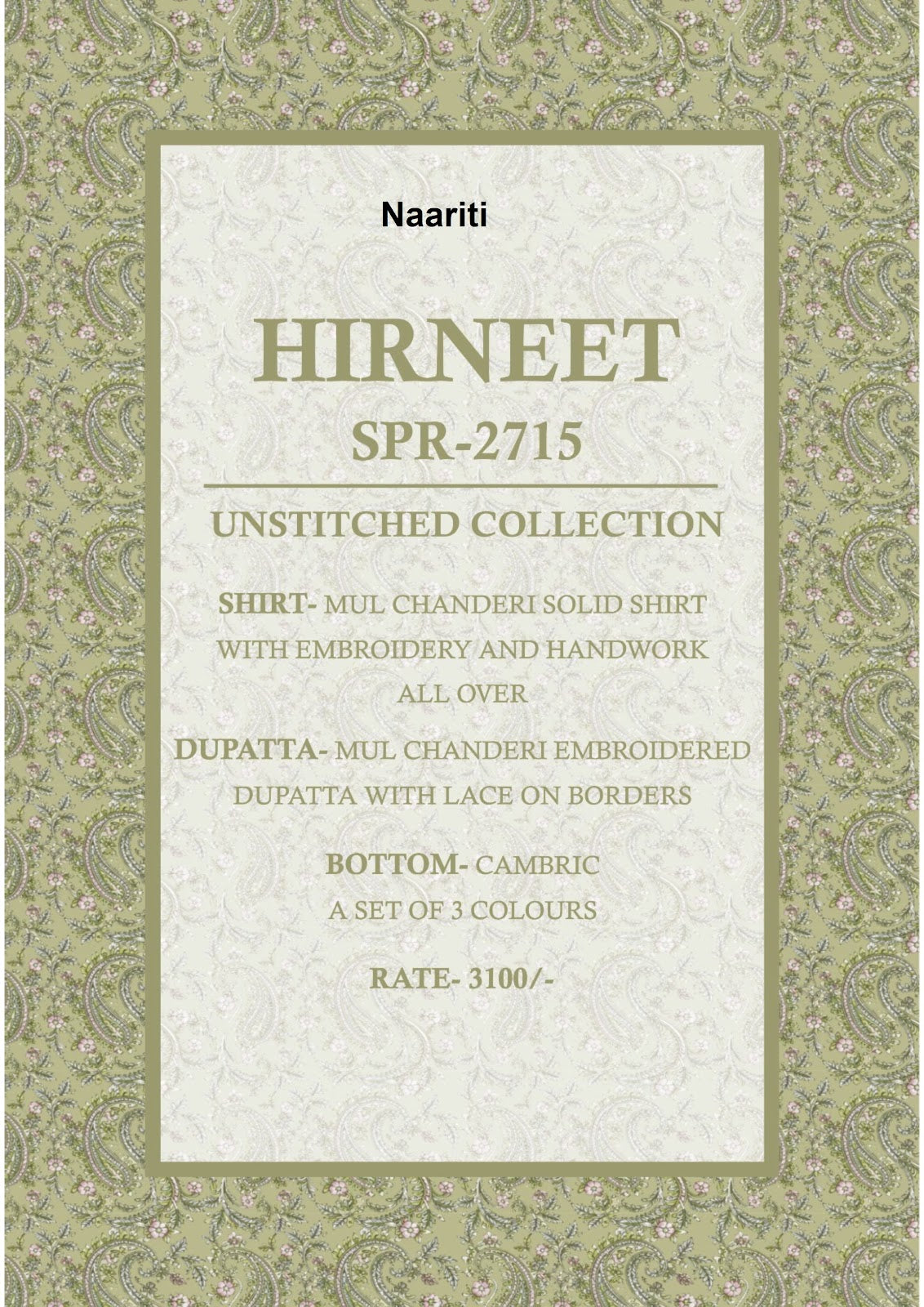 Hirneet 2715 Naariti Mul Chanderi Pant Style Suits Supplier