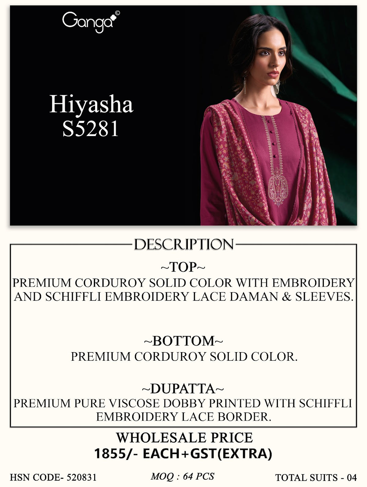 Hiyasha S5281 Ganga Corduroy Plazzo Style Suits Wholesaler