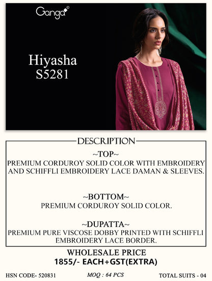 Hiyasha S5281 Ganga Corduroy Plazzo Style Suits Wholesaler