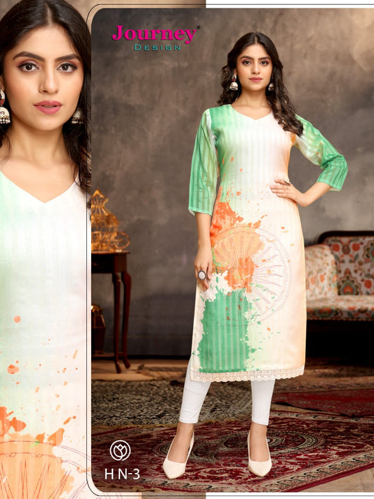 Hn-3 Special Independence Journey Design Georgette Knee Length Kurtis Manufacturer