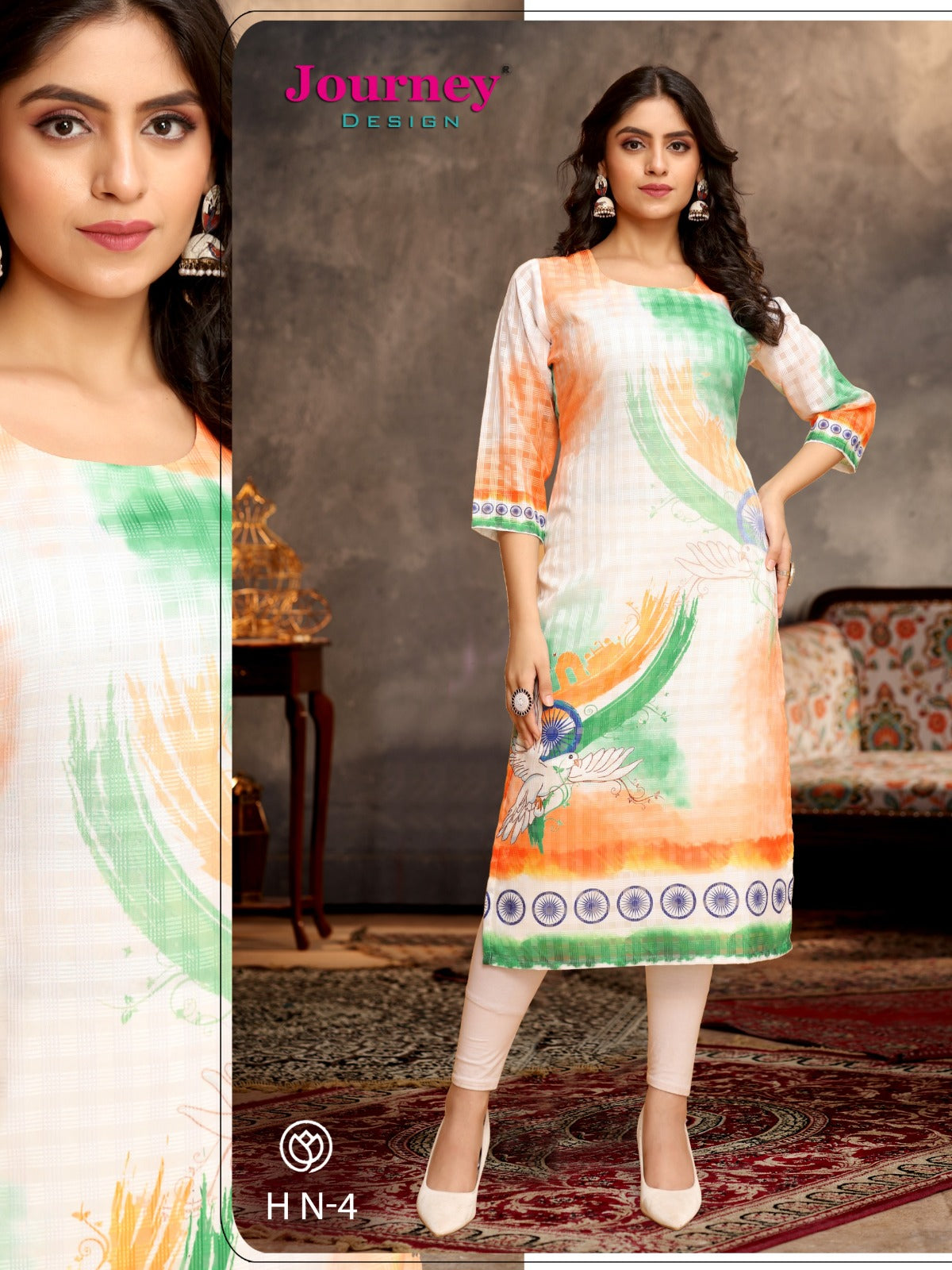 Hn-4 Independence Special Journey Design Georgette Knee Length Kurtis Wholesale