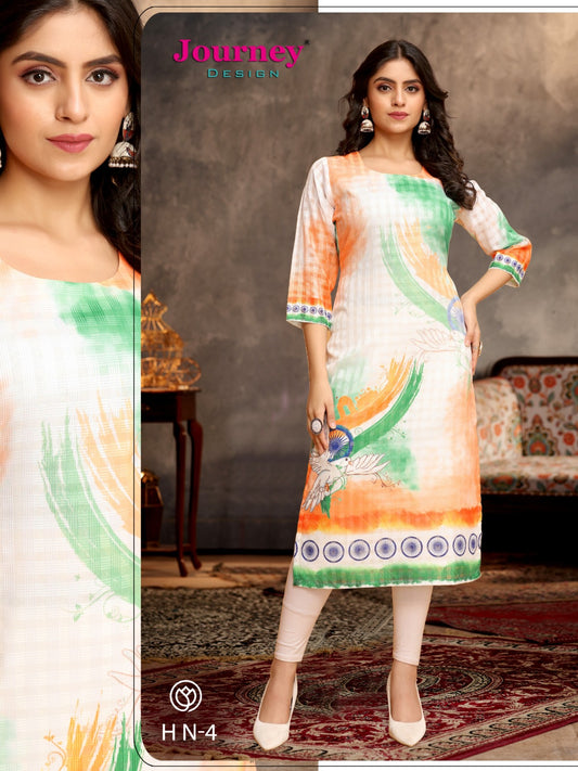Hn-4 Independence Special Journey Design Georgette Knee Length Kurtis Wholesale