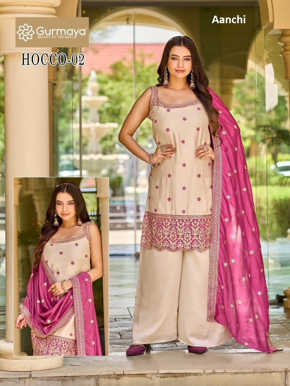 Hocco Gurmaya Aanchi Vichitra Silk Readymade Plazzo Style Suits Supplier Ahmedabad