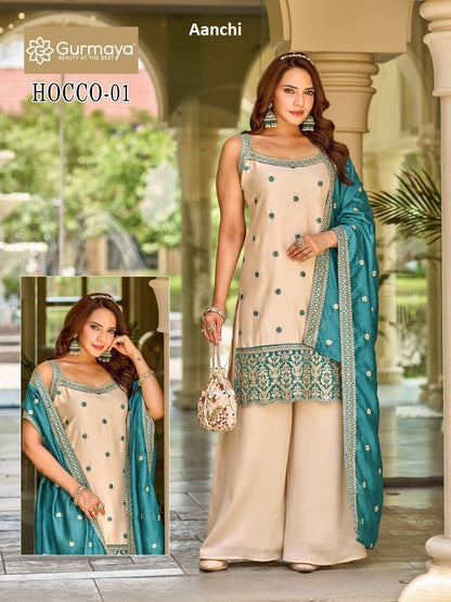 Hocco Gurmaya Aanchi Vichitra Silk Readymade Plazzo Style Suits Supplier Ahmedabad