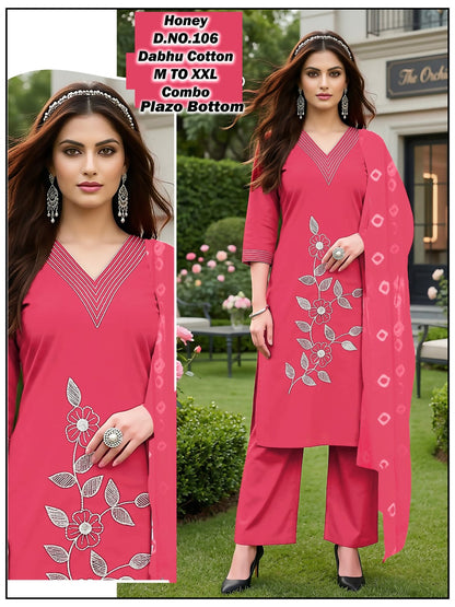 Honey Green Tomato Dhabu Cotton Readymade Plazzo Style Suits Wholesaler Gujarat