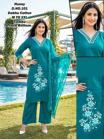 Honey Green Tomato Dhabu Cotton Readymade Plazzo Style Suits Wholesaler Gujarat