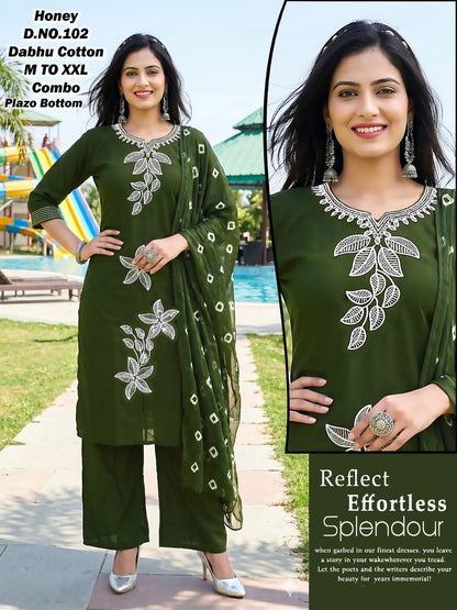 Honey Green Tomato Dhabu Cotton Readymade Plazzo Style Suits Wholesaler Gujarat