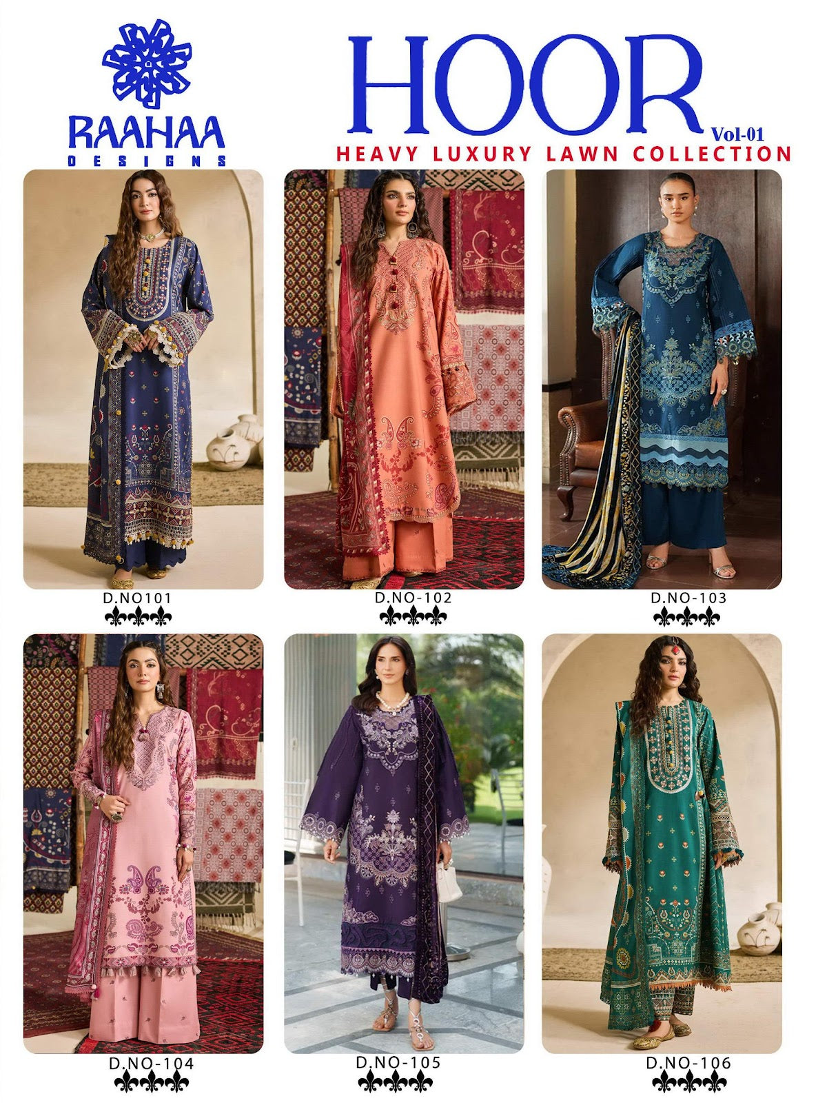 Hoor Vol 1 Raahaa Designs Lawn Cotton Karachi Salwar Suits Exporter Ahmedabad
