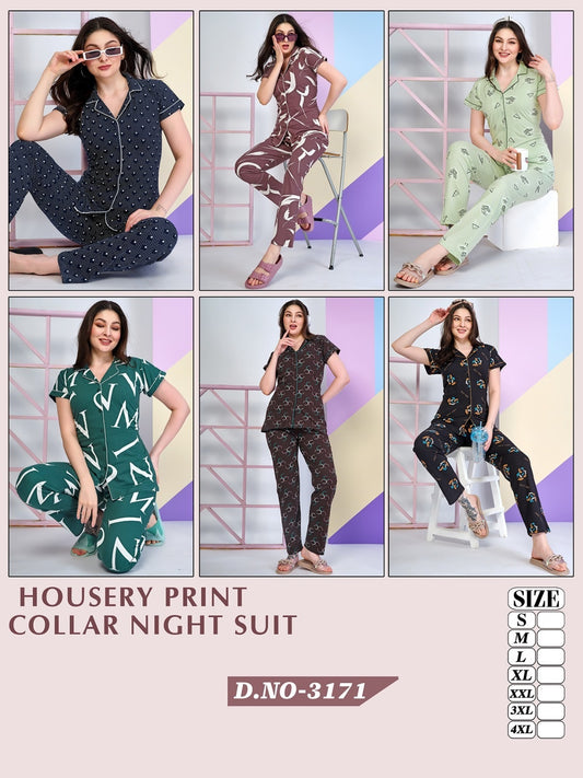 Hosiery Print-3171 Wld Collar Night Suits Exporter India