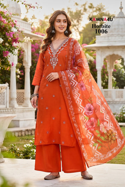 Hot Bite Kamna4U Chanderi Readymade Plazzo Style Suits Supplier
