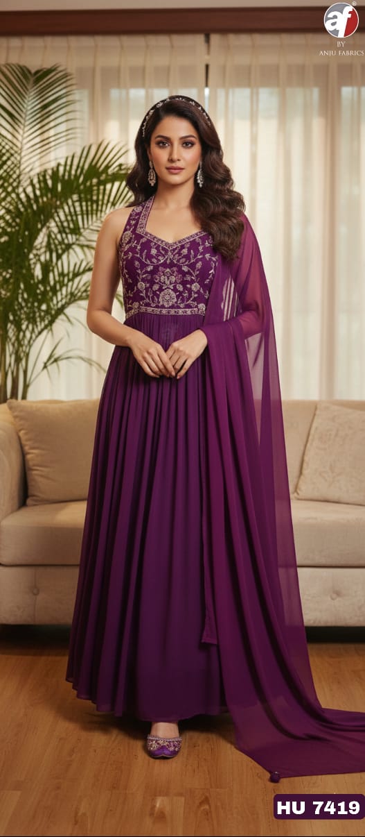 Hu 7419 Af Chinon Chiffon Gown Dupatta Set Wholesale Price