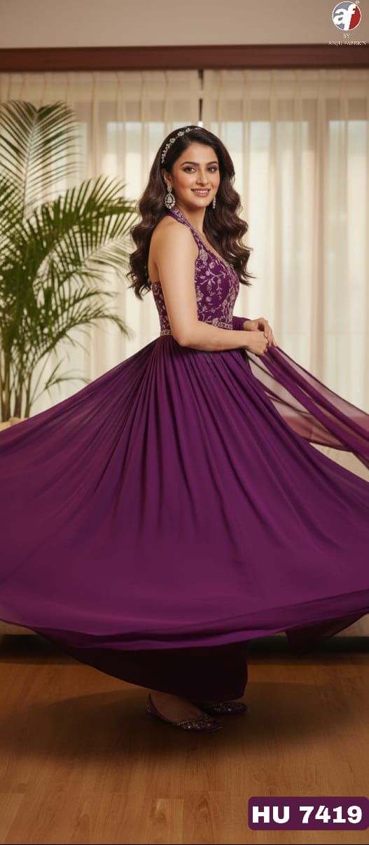 Hu 7419 Af Chinon Chiffon Gown Dupatta Set Wholesale Price