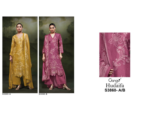 Hudaifa 3860 Ganga Russian Silk Plazzo Style Suits Wholesale