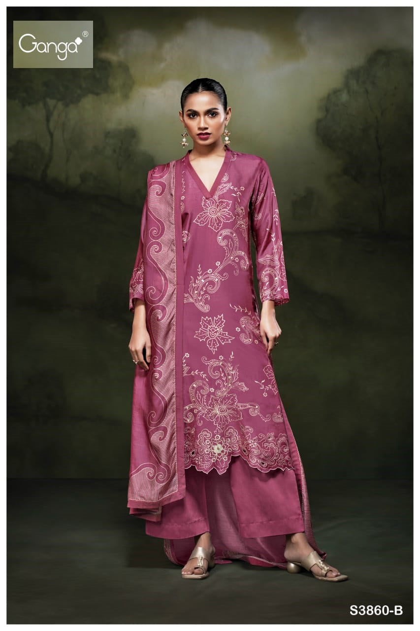 Hudaifa 3860 Ganga Russian Silk Plazzo Style Suits Wholesale
