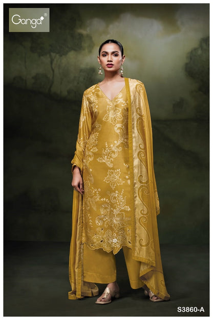 Hudaifa 3860 Ganga Russian Silk Plazzo Style Suits Wholesale