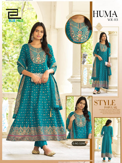 Huma Vol 3 Blue Hills Rayon 14Kg Readymade Anarkali Suits Exporter India