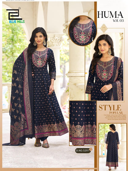 Huma Vol 3 Blue Hills Rayon 14Kg Readymade Anarkali Suits Exporter India