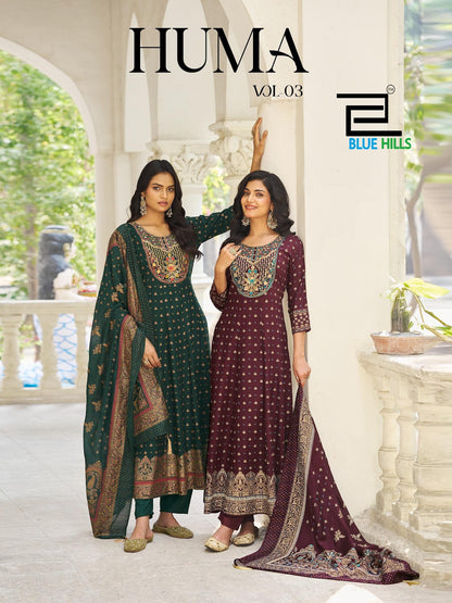 Huma Vol 3 Blue Hills Rayon 14Kg Readymade Anarkali Suits Exporter India