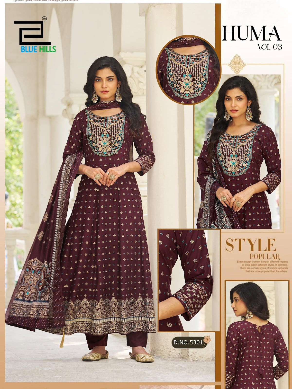 Huma Vol 3 Blue Hills Rayon 14Kg Readymade Anarkali Suits Exporter India