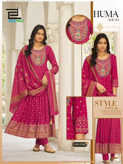Huma Vol 3 Blue Hills Rayon 14Kg Readymade Anarkali Suits Exporter India