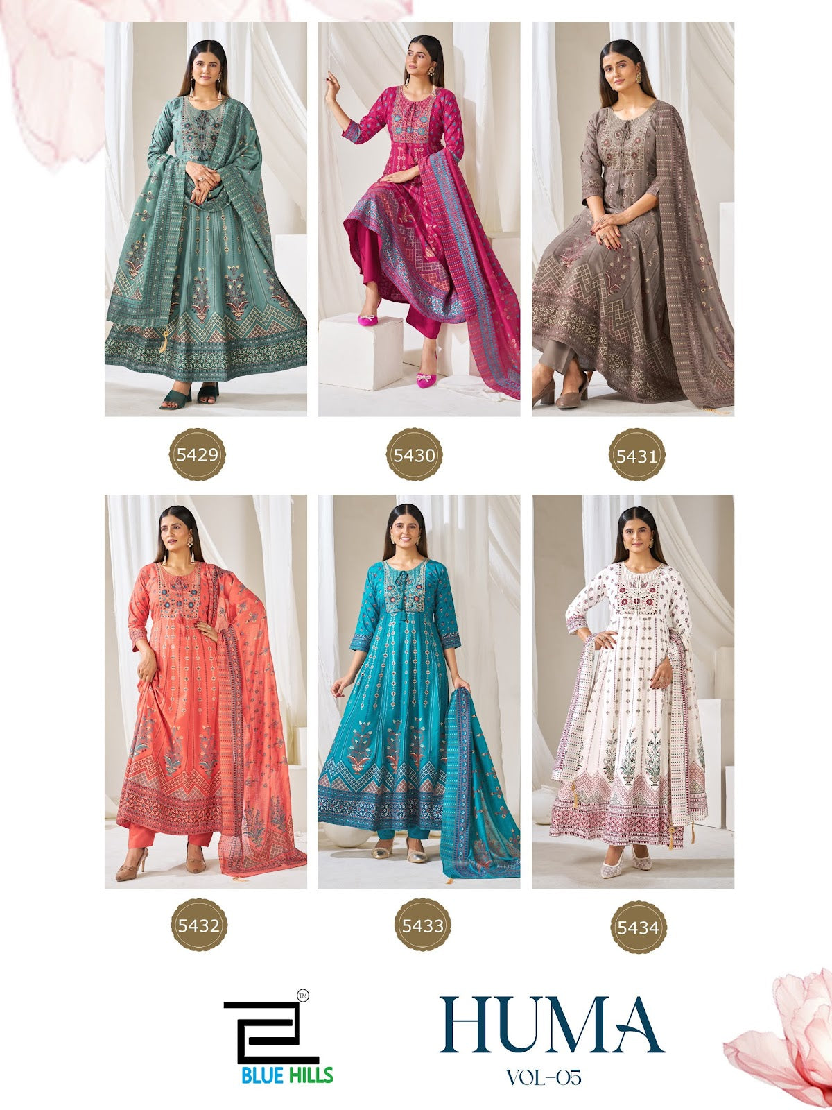 Huma Vol 5 Plus Size Blue Hills Rayon 14Kg Readymade Anarkali Suits Exporter Ahmedabad