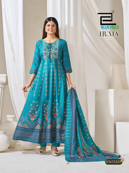 Huma Vol 5 Plus Size Blue Hills Rayon 14Kg Readymade Anarkali Suits Exporter Ahmedabad