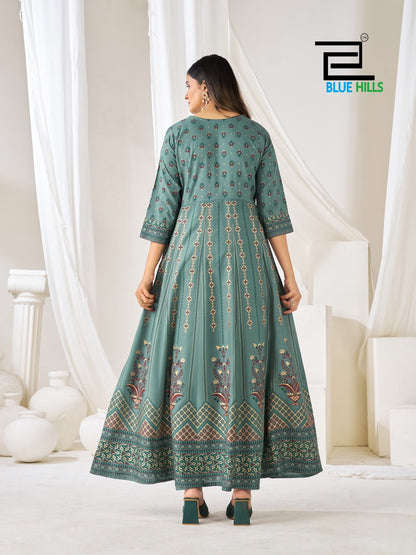 Huma Vol 5 Plus Size Blue Hills Rayon 14Kg Readymade Anarkali Suits Exporter Ahmedabad