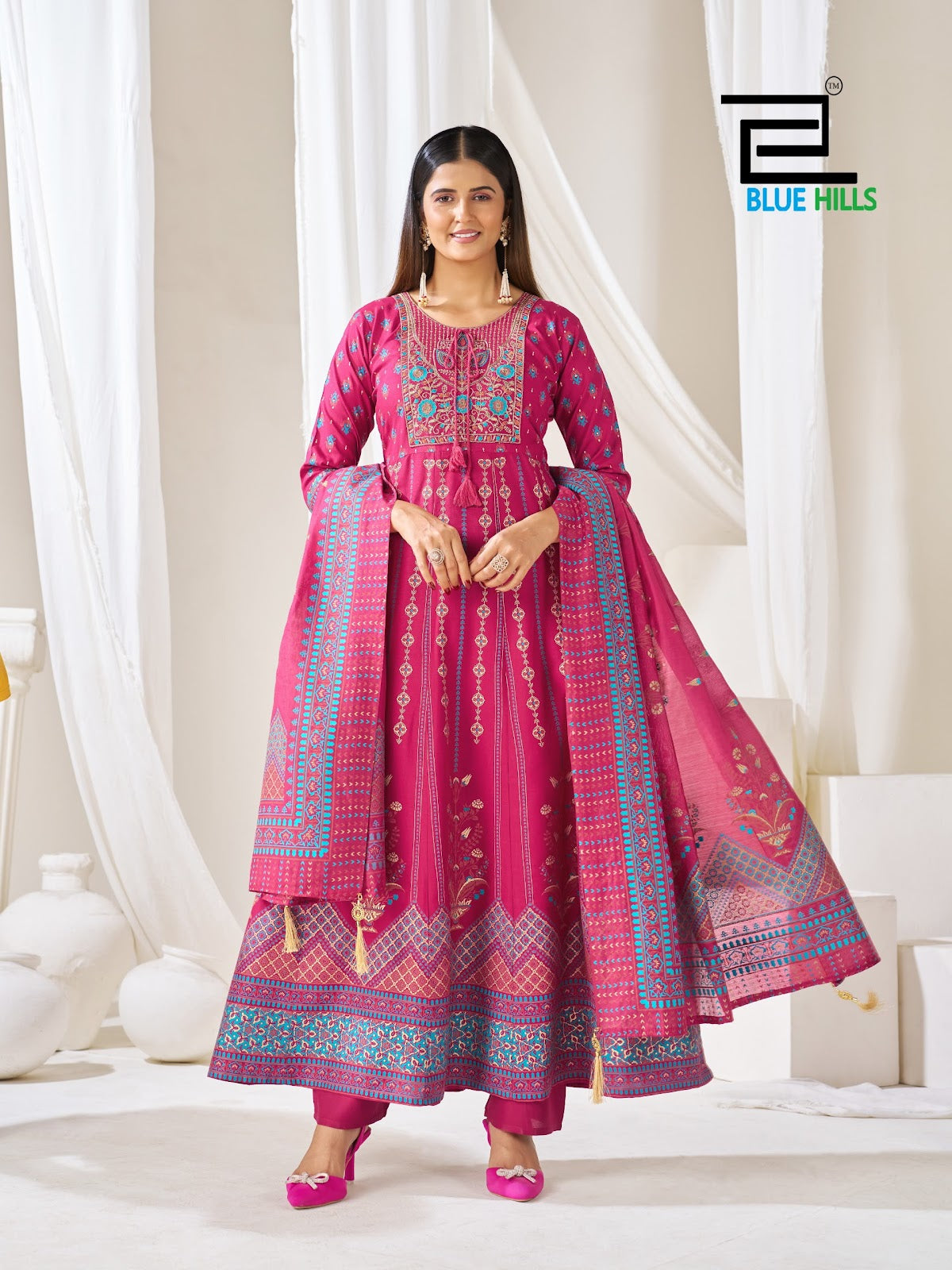 Huma Vol 5 Plus Size Blue Hills Rayon 14Kg Readymade Anarkali Suits Exporter Ahmedabad