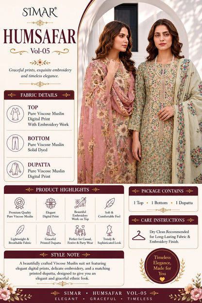 Humsafar Vol 5 Simar Viscose Muslin Pant Style Suits Wholesaler Ahmedabad
