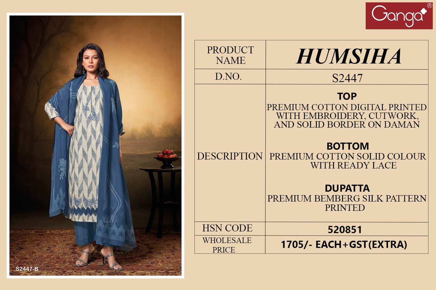 Humsiha 2447 Ganga Cotton Plazzo Style Suits Supplier India