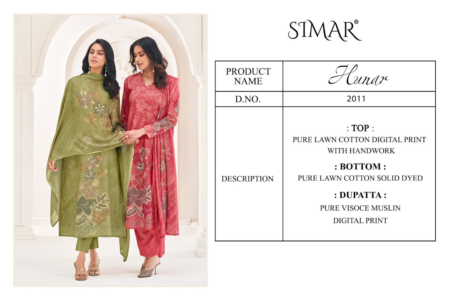 Hunar Simar Glossy Pure Lawn Pant Style Suits Wholesale Price