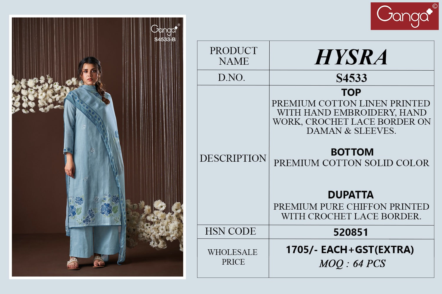Hysra 4533 Ganga Lilen Plazzo Style Suits Manufacturer