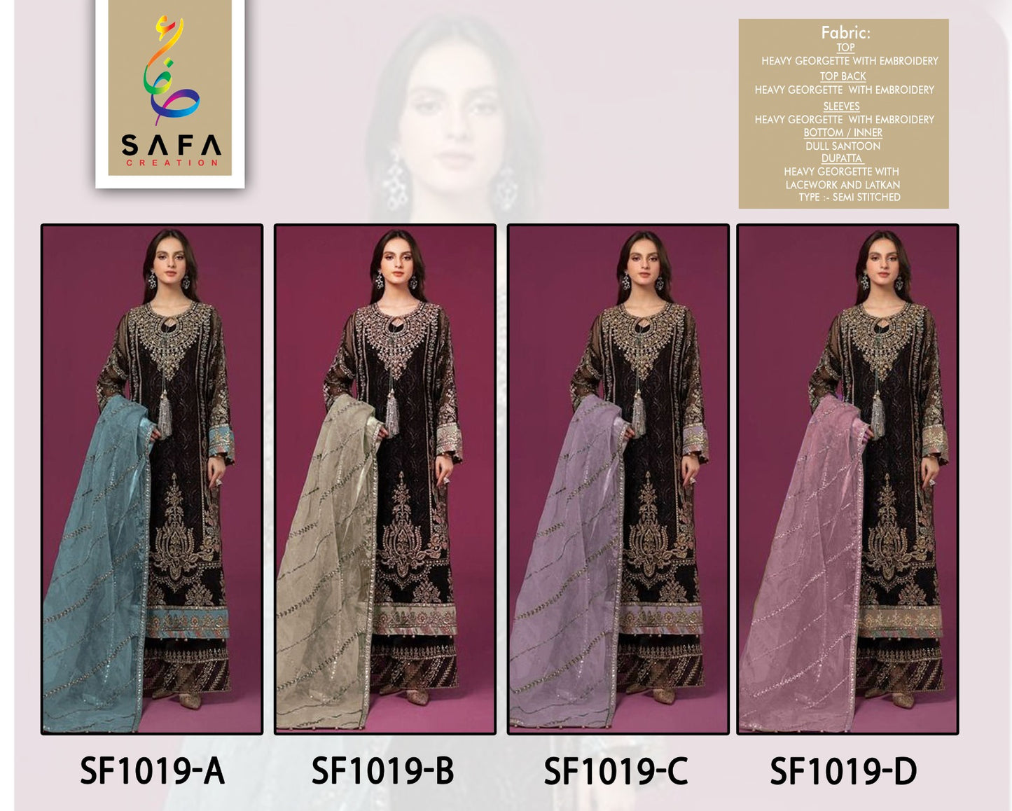1019Abcd Safa Creation Georgette Pakistani Salwar Suits Wholesaler Ahmedabad