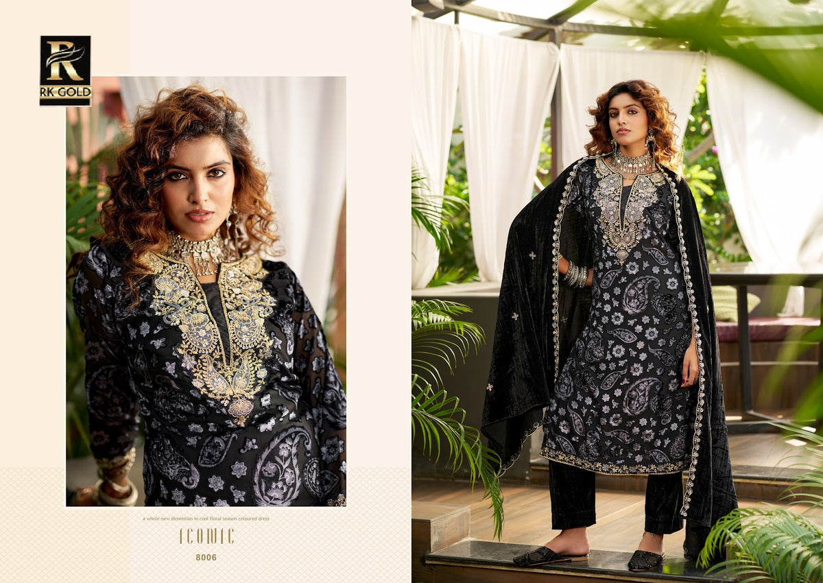 Iconic Rk Gold Viscose Velvet Suits Wholesale Price