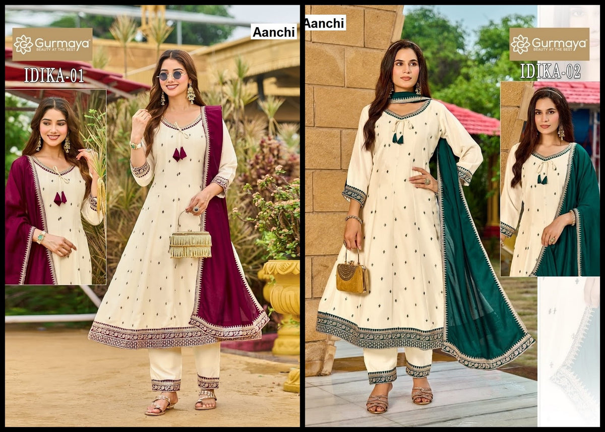 Idika Gurmaya Aanchi Vichitra Silk Readymade Anarkali Suits Exporter