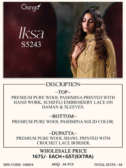 Iksa S5243 Ganga Wool Pashmina Suits Wholesaler Ahmedabad