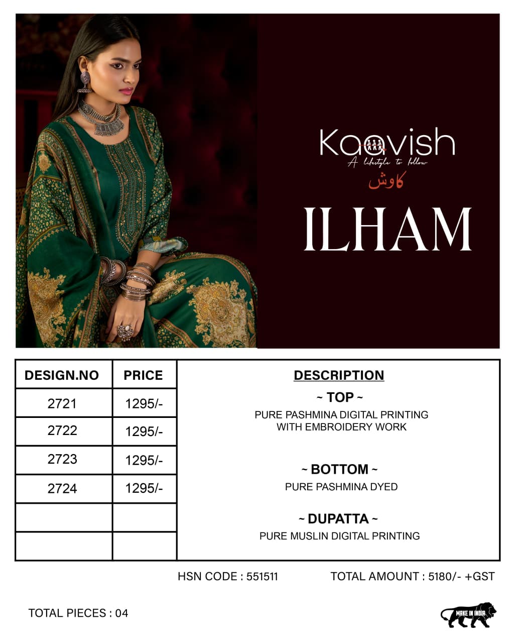 Ilham Kaavish Viscose Pashmina Suits Exporter India