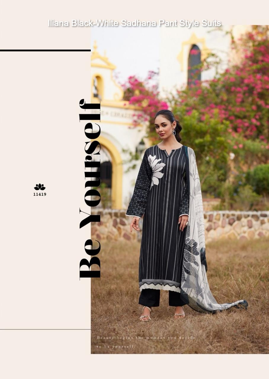 Iliana Black-White Sadhana Jam Cotton Pant Style Suits Manufacturer India