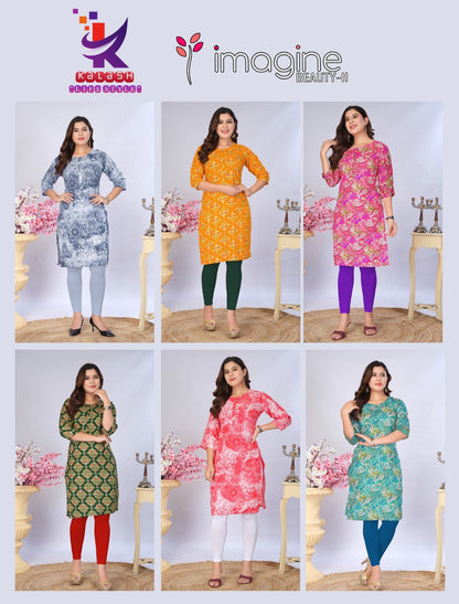 Imagine Beauty 11 Mlm Kalash Lifestyle Rayon 14Kg Knee Length Kurtis Exporter Ahmedabad