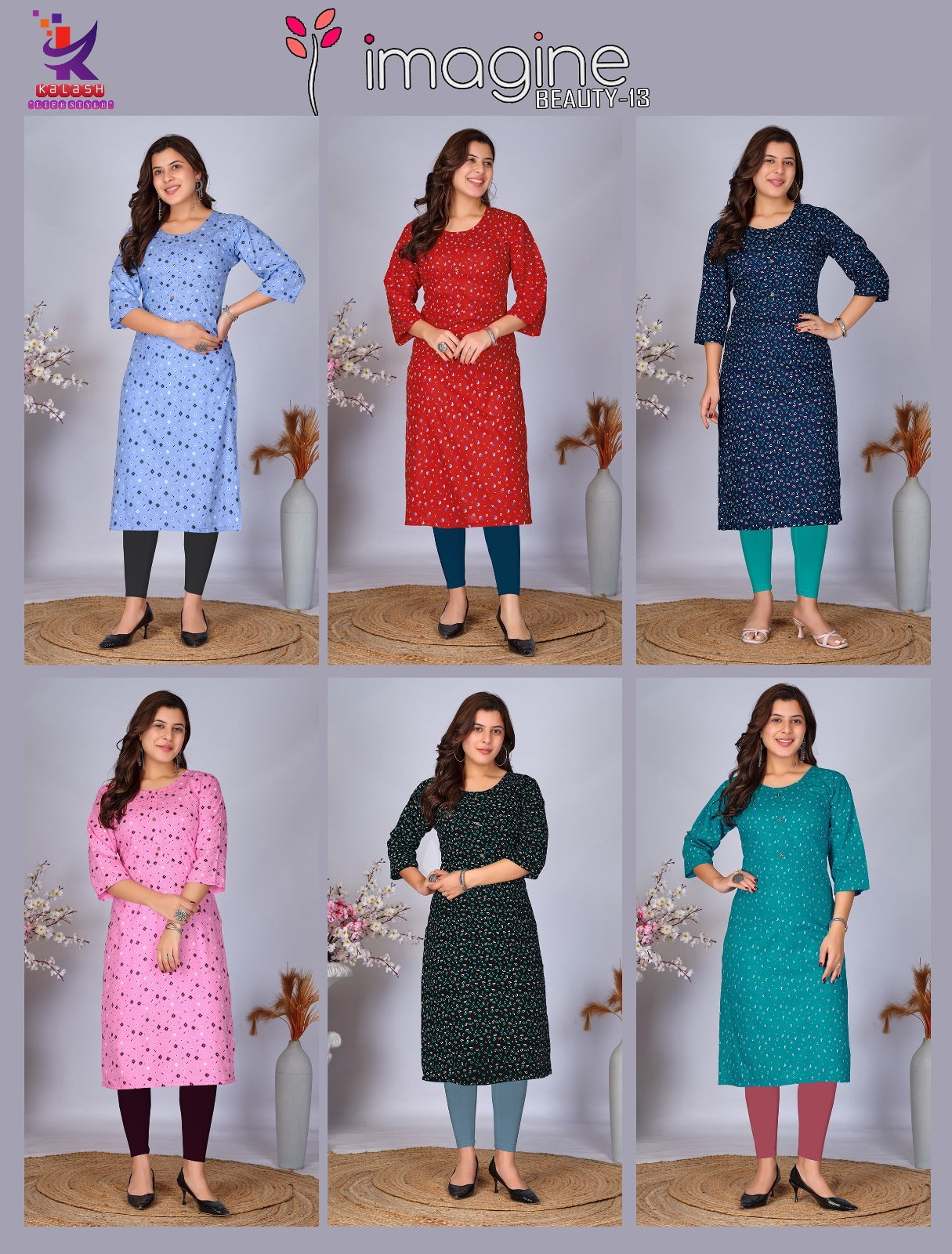 Imagine Beauty 13 Mlm Kalash Lifestyle Rayon 14Kg Knee Length Kurtis Wholesaler